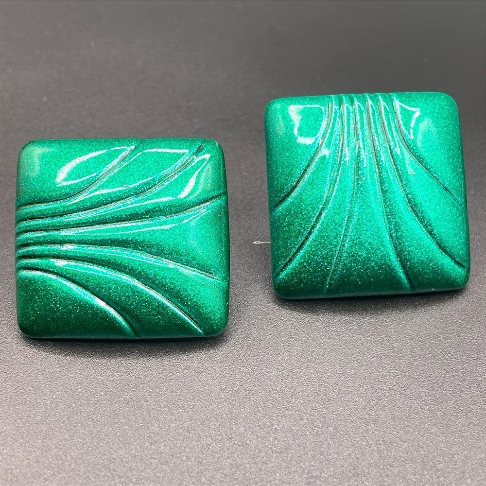 VTG Metallic Green Square Statement Abstract Swirl Clip-On Earrings Boho Retro‎